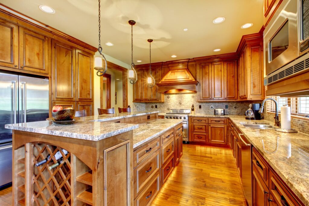 cozy wood kitchen with marble tiles